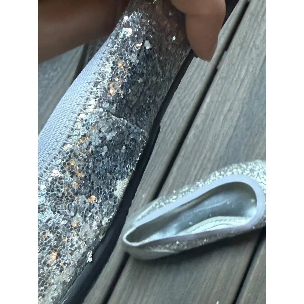 Lands’ End Girl’s US 4M Silver Sparkle Cameron Classic Captoe Ballet Flats Shoes